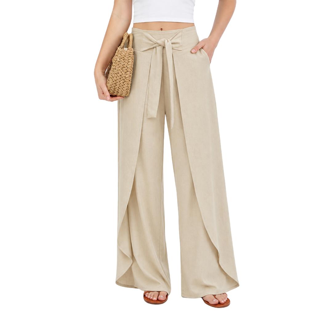 European and American High-Waisted Tie Belt Wide Leg Pants for Women, Casual Holiday Color Draped Pants