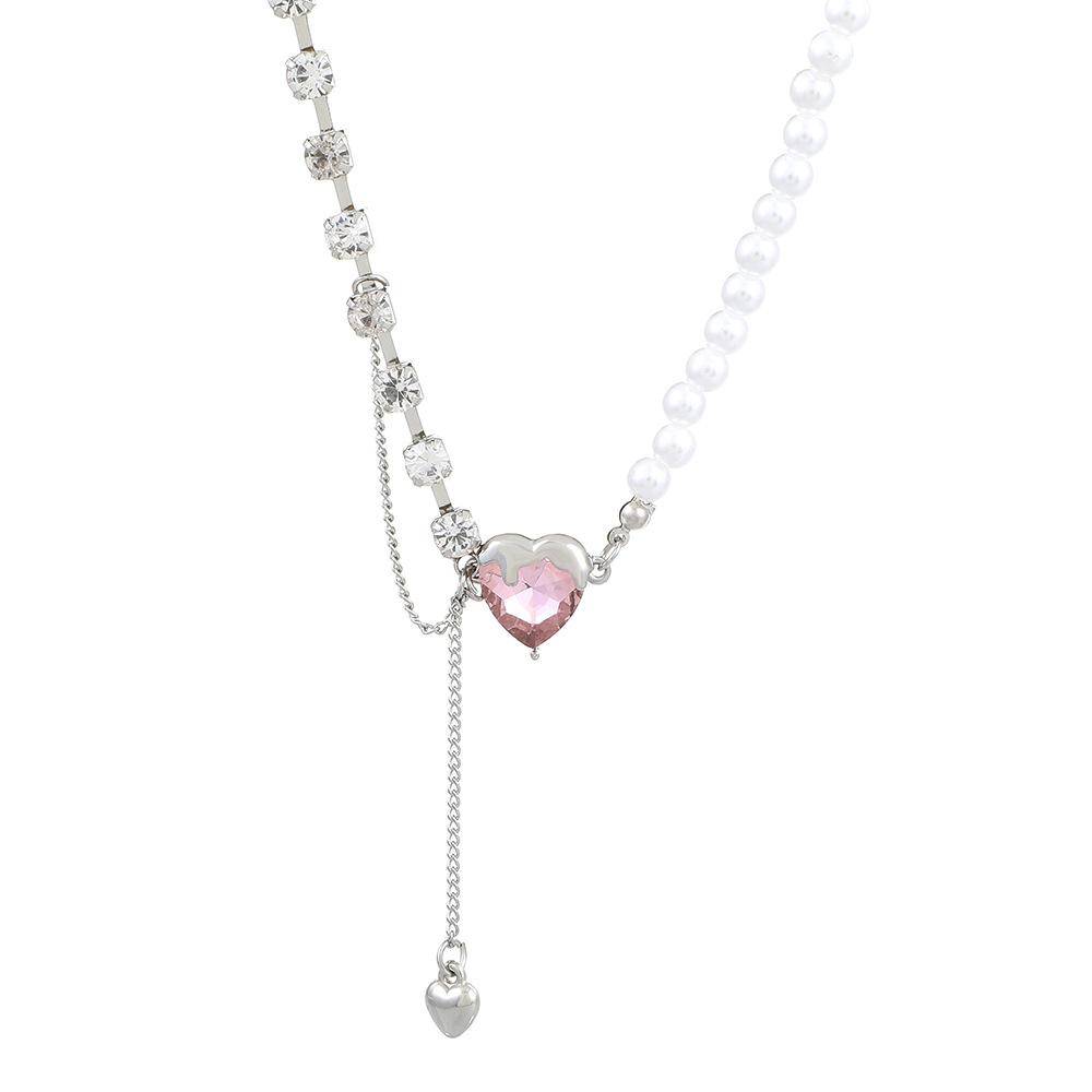 Elegant Rhinestone Pearl Necklace Love Heart Pendant Choker for Women Pink Crystal Party Wearing Accessories Jewelry Gifts