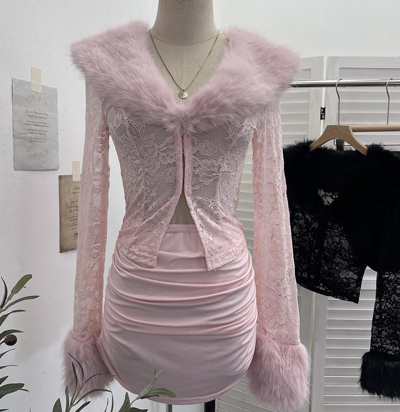 

European & American Two-Piece Set: Fur-Trim Lace Cardigan Top & Pleated Mini Skirt One Size розовый