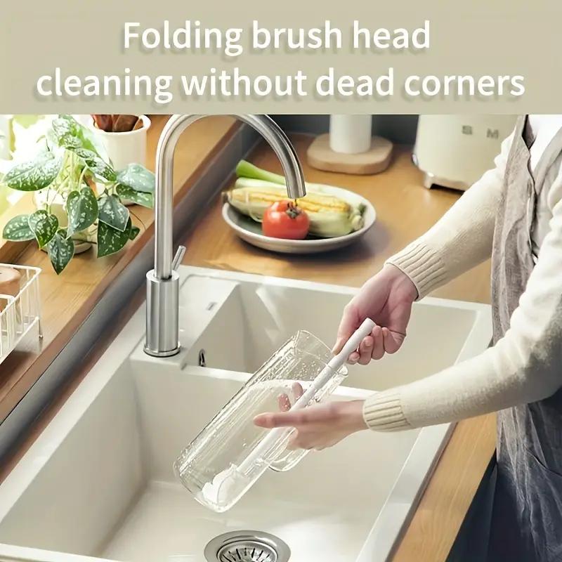 White Silicone Kitchen Cleaning Tool with Folding Brush Head and Long Handle for 360° Glass and Bottle Cleaning