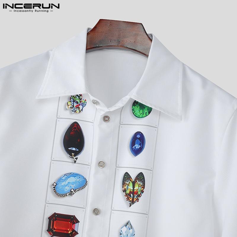 INCERUN Men Lapel Neck Short Sleeve Printing Casual Loose Cropped Shirts