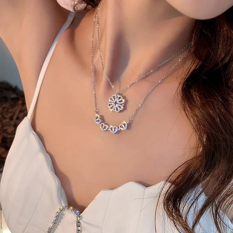 

Fashion Creative Gifts 2 in 1 Romantic Lucky Four Leaf Clover Necklaces Versatile Magnetic Necklace Banquet Jewelry Accessories серебряный
