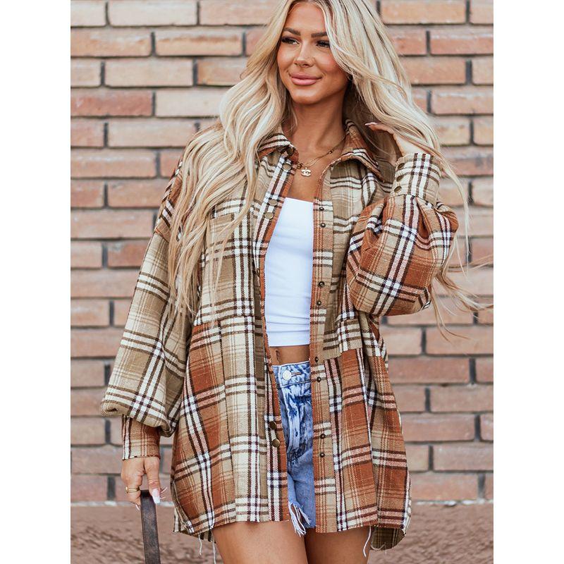 2025 Autumn New Plaid Color Matching Shirt Outerwear Women European and American Leisure Loose Mid-Length Single-Breasted Shirt