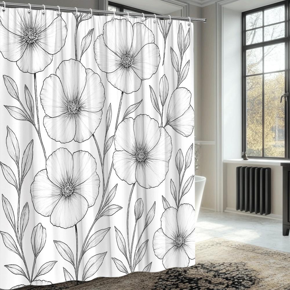 Black White Floral Sketch Shower Curtain Machine Washable All Season Waterproof Privacy Protection Line Art Design Minimalist