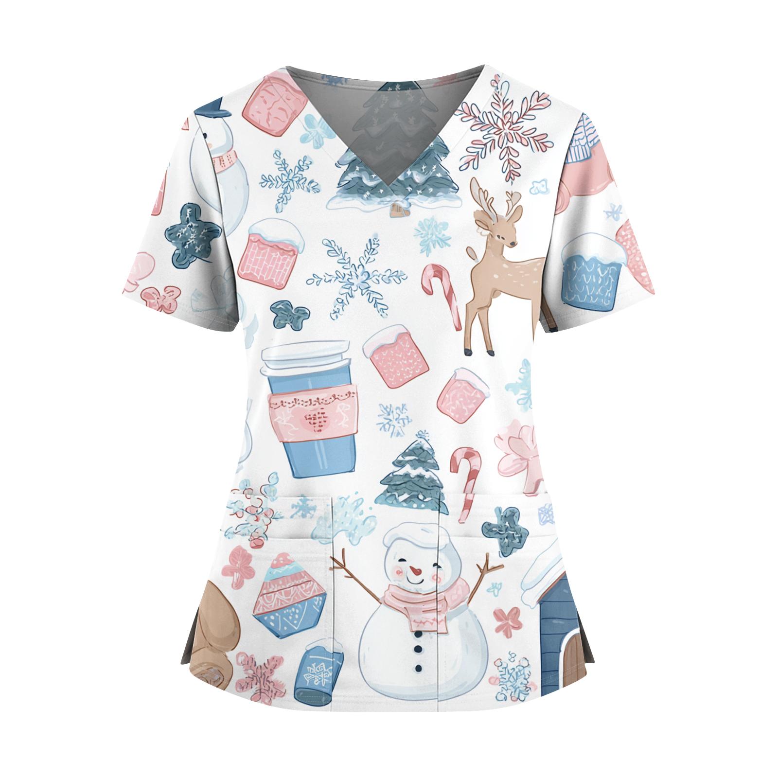 

Женский топ с рождественским принтом, V-образным вырезом, двумя карманами, короткими рукавами, разрезом по подолу, униформа и одежда для ухода XXL