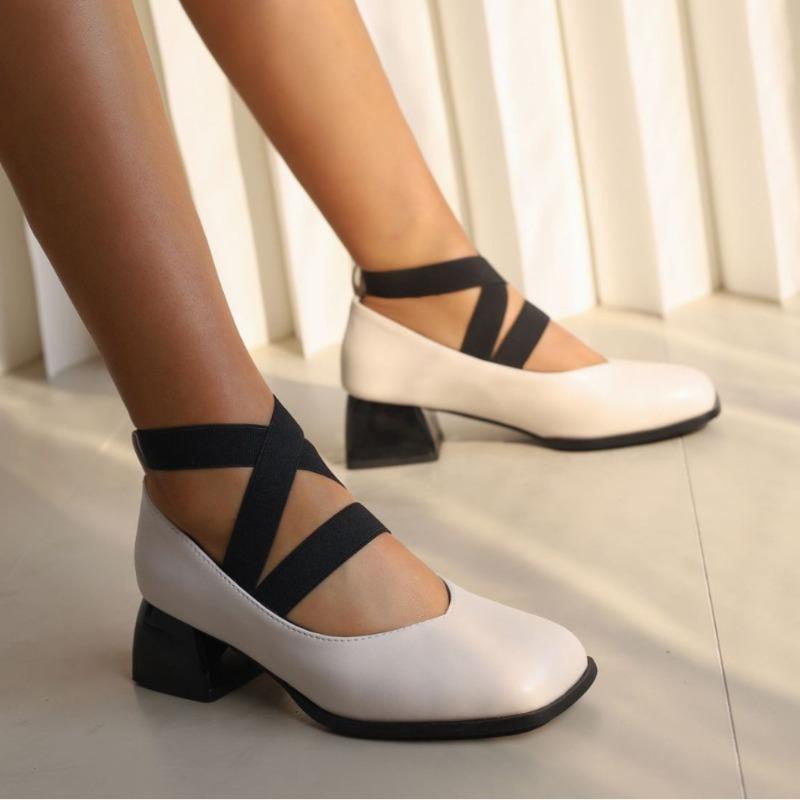 Fashion Autumn 4.5cm Comfortable Mid Heel Elastic Strap Single Shoes Solid Color Square Toe Shallow Mouth Casual Commuting Women Shoe 48