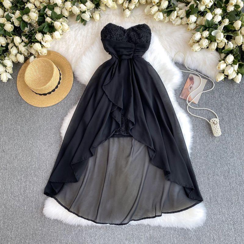 

Французская светская львица Изысканная утонченная грация Маленькое платье Нарядная вечеринка Собрание Маленькое платье Сетчатая строчка Платье-бандо Black One size