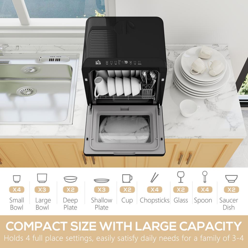 Table Top Dishwasher with Built-in 6L Water Tank, Mini Countertop Dishwasher with 6 Programs, 4 Place Settings, Black