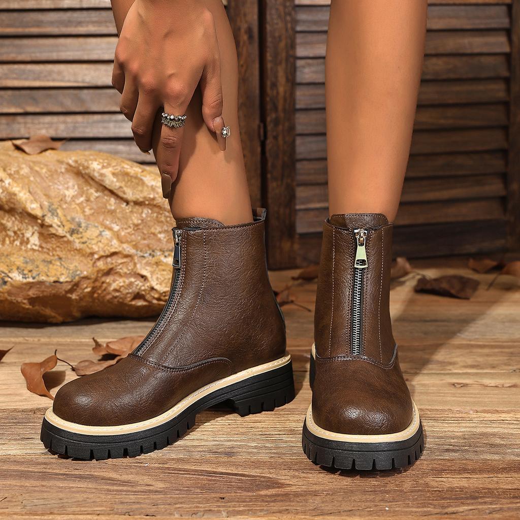 Herbst und Winter neue mittelhohe runde Zehe Martin Stiefel Kinder britischer Stil vorderer Reißverschluss große Größe Damen Kurzstiefel