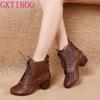 GKTINOO 2025 Summer Ankle Boots Genuine Leather Shoes Women Med High Heel Back Zipper Boots Cutout Breathable Mujer Zapatos