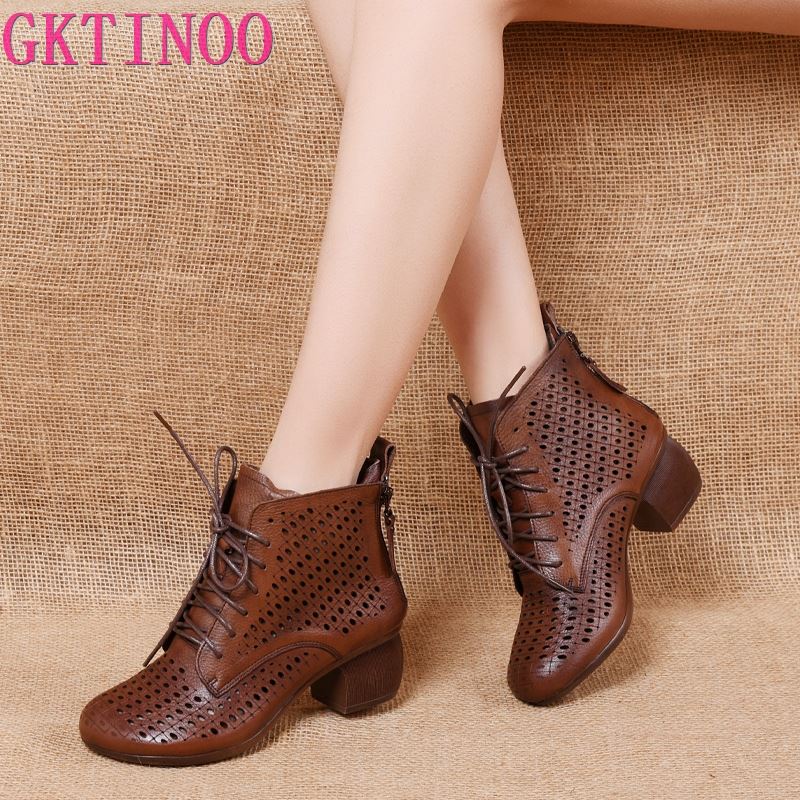 GKTINOO 2025 Summer Ankle Boots Genuine Leather Shoes Women Med High Heel Back Zipper Boots Cutout Breathable Mujer Zapatos