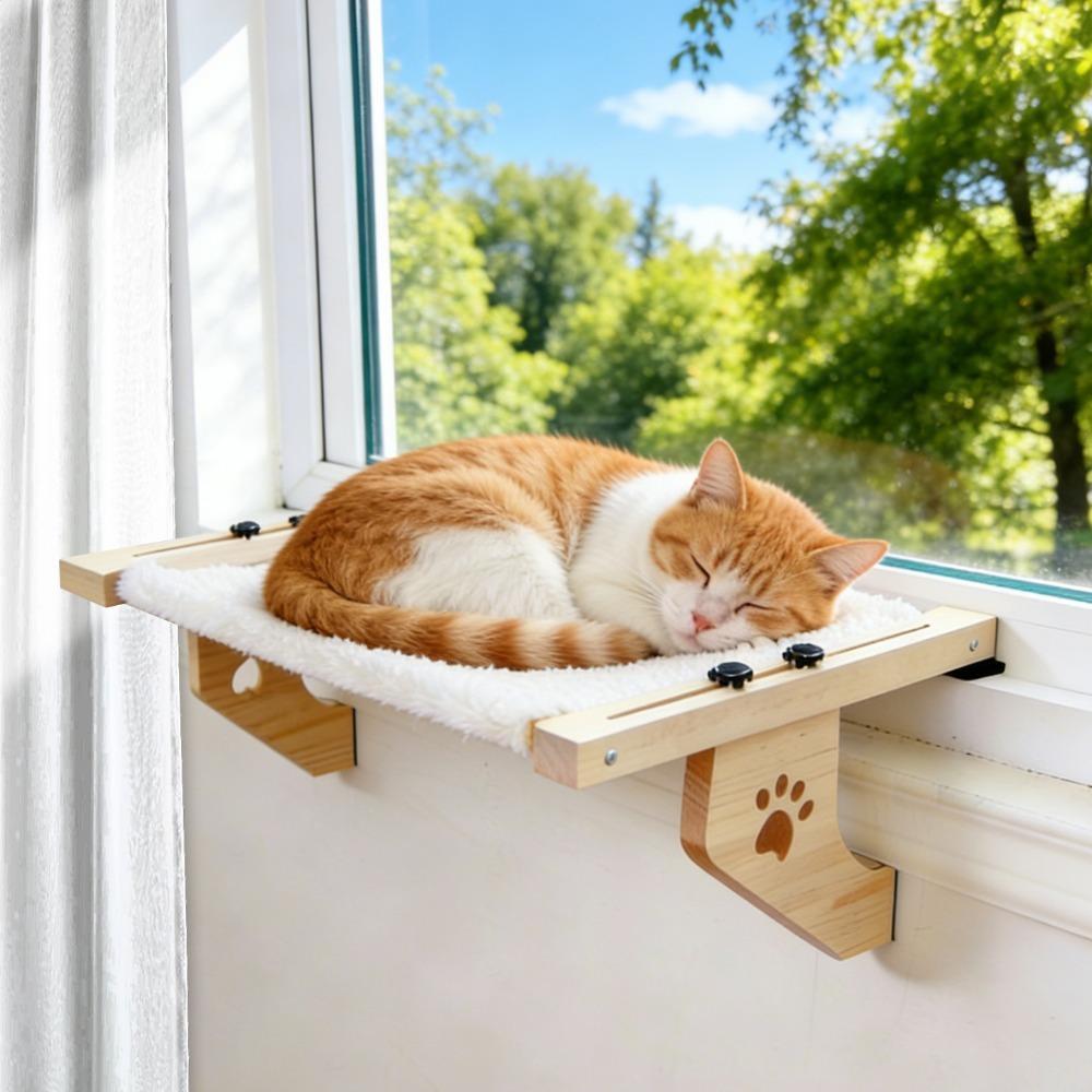 Creative Wooden Frame Cat Window Hammock, Paw Print Durable Hanging Detachable Bed Design, Cozy Pet Furniture Supplies