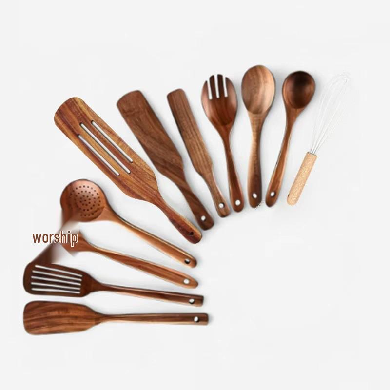Teak Non-Stick Long-Handle Solid Wood Pan and Acacia Wood Kitchenware Set