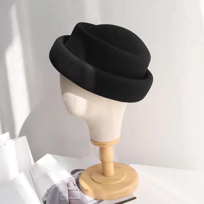 

2026 New Autumn Winter Wool Retro Rolled Edge Beret Japanese Style Women s Fedora Hat French Elegant Wedding Church Pillbox Hat чорний