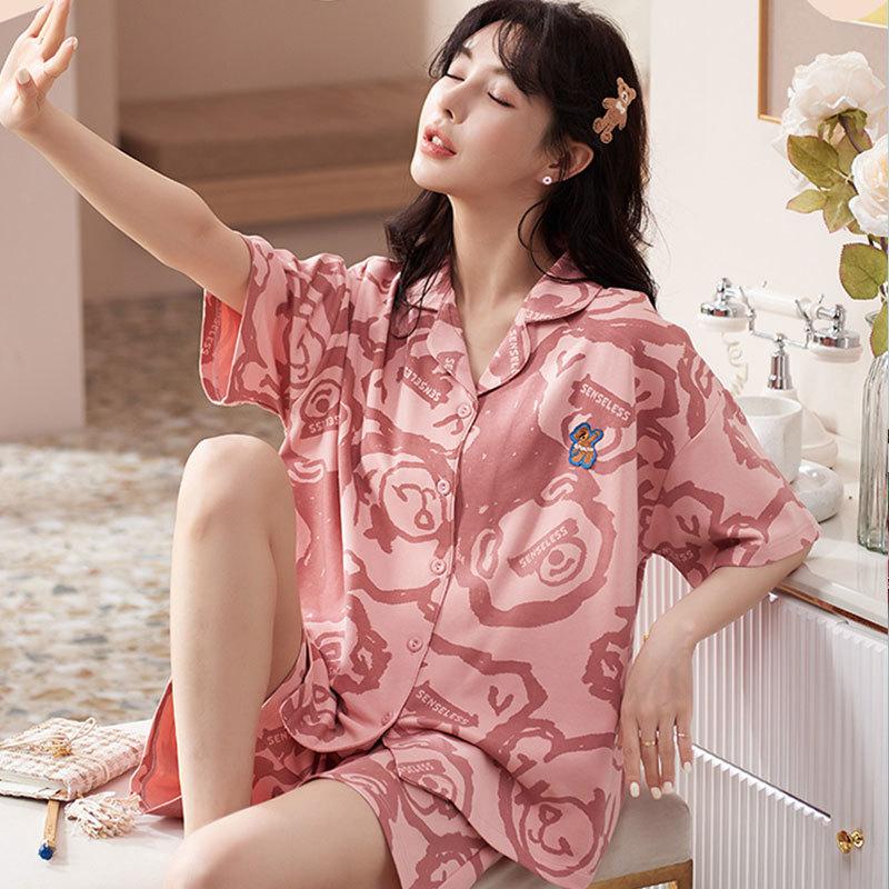 Japanese-style Unprinted Style Summer Fresh Cotton Pajamas Women's Short Sleeves 1011 New Loose Outer Loungewear Suit