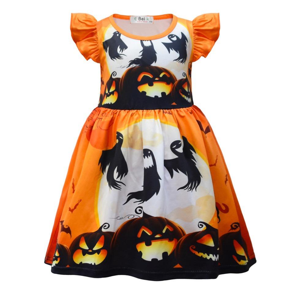 European And American Children'S Skirts Halloween Horror Night Children'S Dresses Short Ruffle Sleeves Girls Clothes Round Neck Evening Dresses