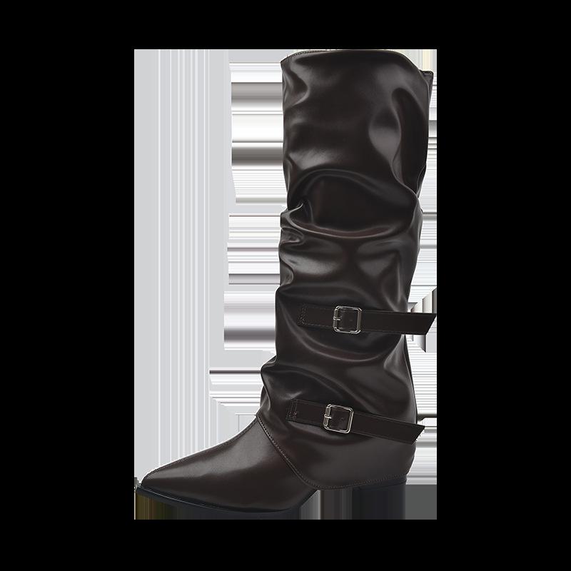 

Coarse Heel High Heel High Boots Women s 2025 New Spring and Autumn Pointed Pile Boots Long Boots Pants Pants Boots Knight Boots 40 темно-коричневого