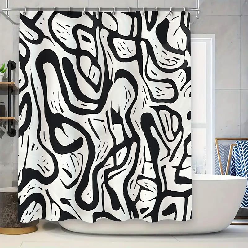 

Fashionable Black White Abstract Pattern Waterproof Mildew Resistant Easy Clean Bathroom Decor Curtain Easy To Clean & Maintain W60H190(CM)-1 Pcs