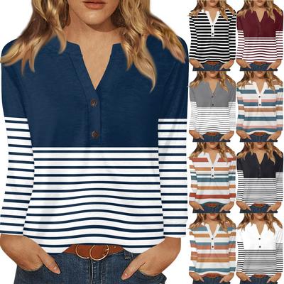 Damen T-Shirt Print Knopf Langarm Täglich Wochenende Mode Basic V-Ausschnitt Regulär Oberteil
