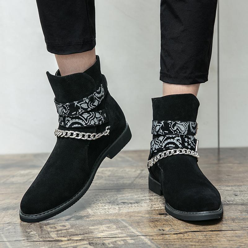 Men's Comfort Genuine Leather Casual Fashion Trends Motorcycle Style Boots High Quality Frosted Leather Chain Sleeve Short Boots
