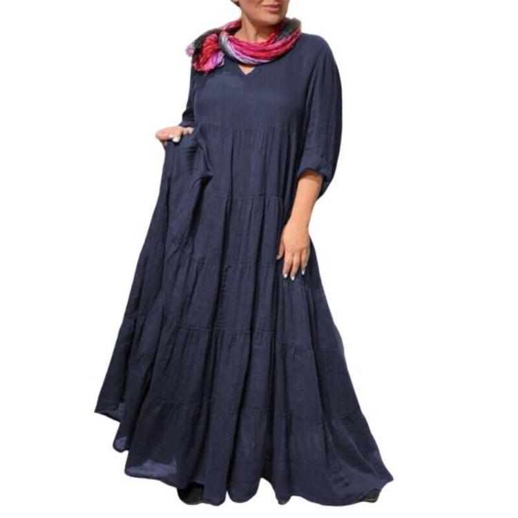 Summer Vacation Maxi Dress for Women V Neck Long Sleeve Solid Color with Ruffle Stitching and Pleated Hem