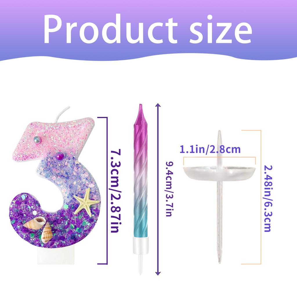 7pcs Girls Purple Mermaid Party Number 0-9 Cake Candles, 2.76 Inch Birthday Candle, Cake Topper Decoration for Birthday Party