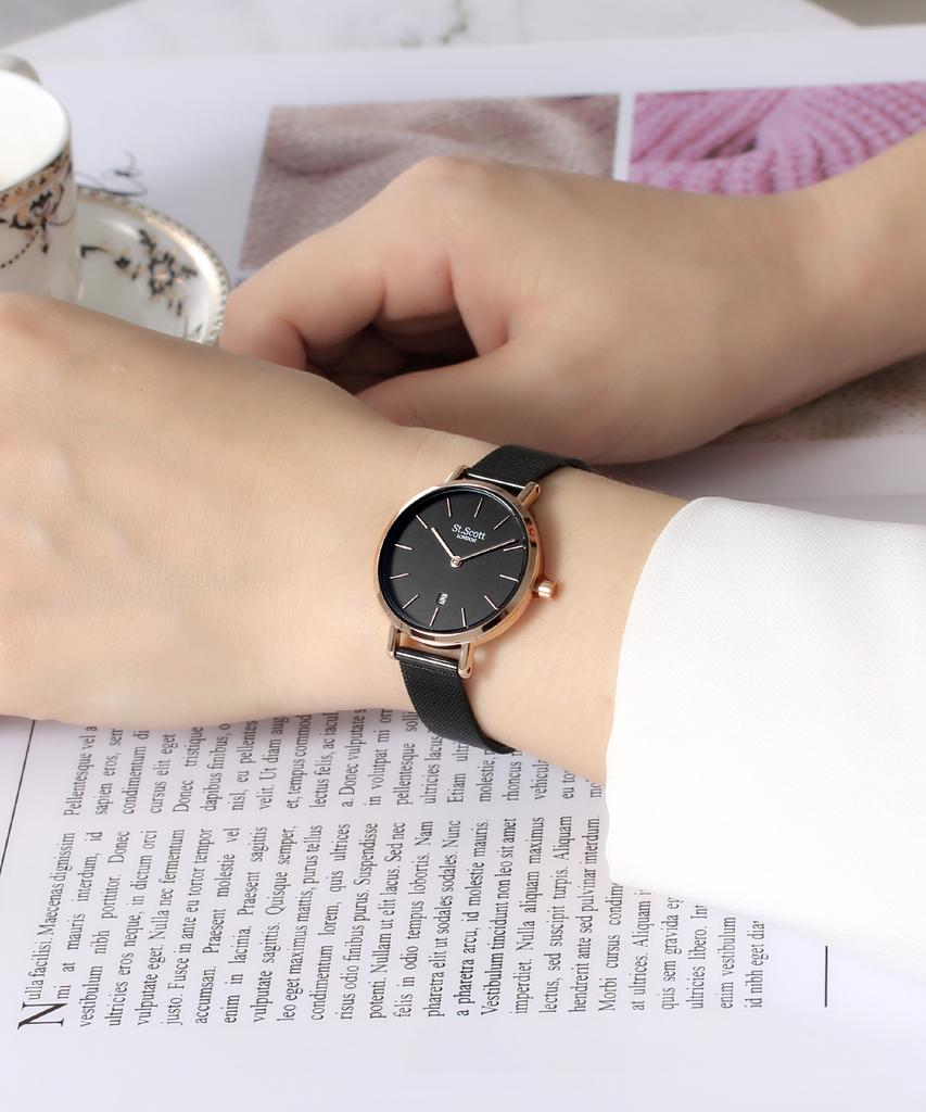 Seinteuseukoteuleondeon Nova Date Couple Mesh Watch - Black / St5503-Rbb
