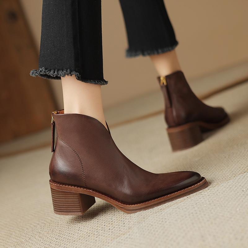 2024 Nové Zralé Dámské Kotníkové Boty pro Ženy Podzim Zima Pravá Kůže Vysoké Podpatky Zadní Zip Pracovní Obuv Žena Základní