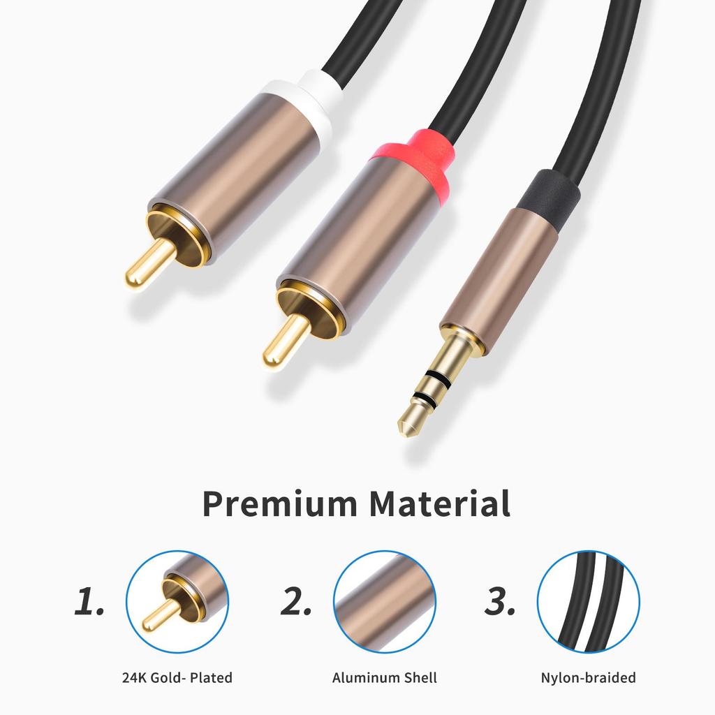 Gunmetalgraues Aluminiumlegierungs-Stereo-Audiokabel, 3,5 mm auf Doppel-Cinch, sauerstofffreies Kupfer, mobiles Verstärkerkabel