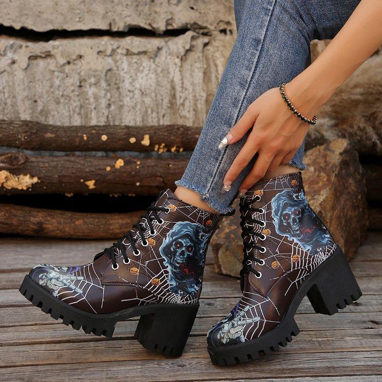 Large size totem European and American style lace-up fashion boots autumn and winter new square heel round head height-increasing women's boots