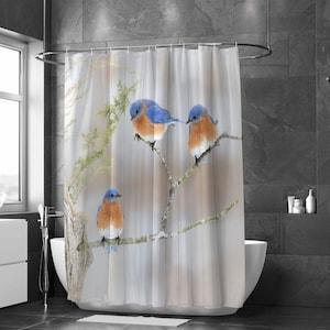 Bluebirds Nature & Wildlife Shower Curtain - Brown Blue Green Bird Lover Bath Decor W90xH180cm