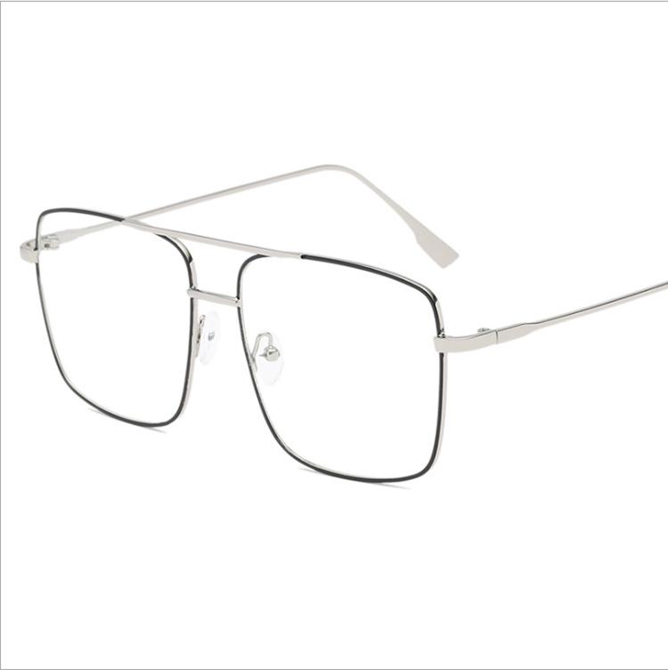 Double-Bridge Retro Metal Square Eyeglasses with Large Frame and Flat Lens