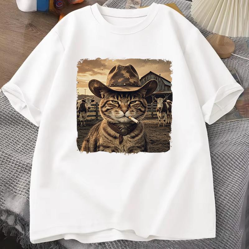 Cat Lover Casual Short Sleeve Tshirt Vintage Western Cowboy Cat Graphic T Shirts Unisex Cat Owner Country Western Casual Tee