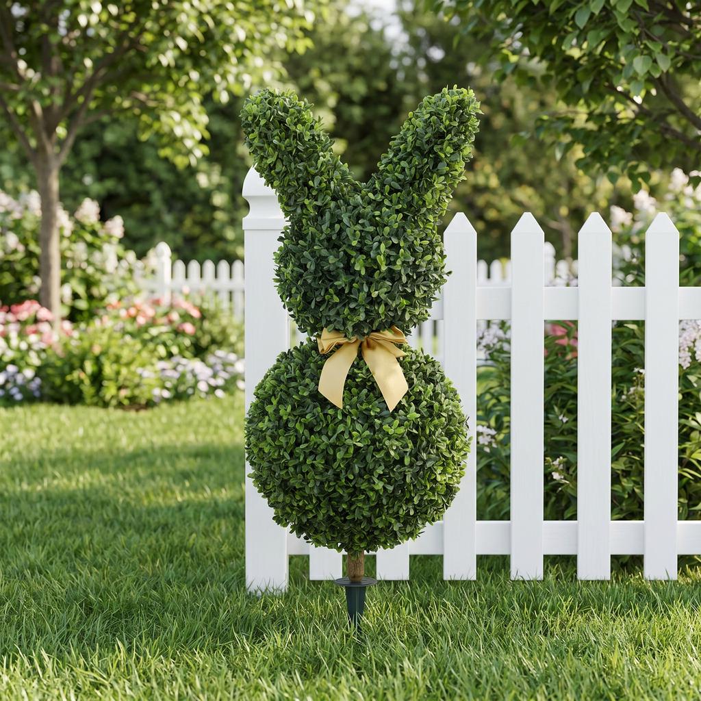 Artificial Boxwood in Rabbit Shape, 740 Leaves, Artificial Plant for Indoor and Outdoor Use, with Ground Anchor, 83 cm, Green