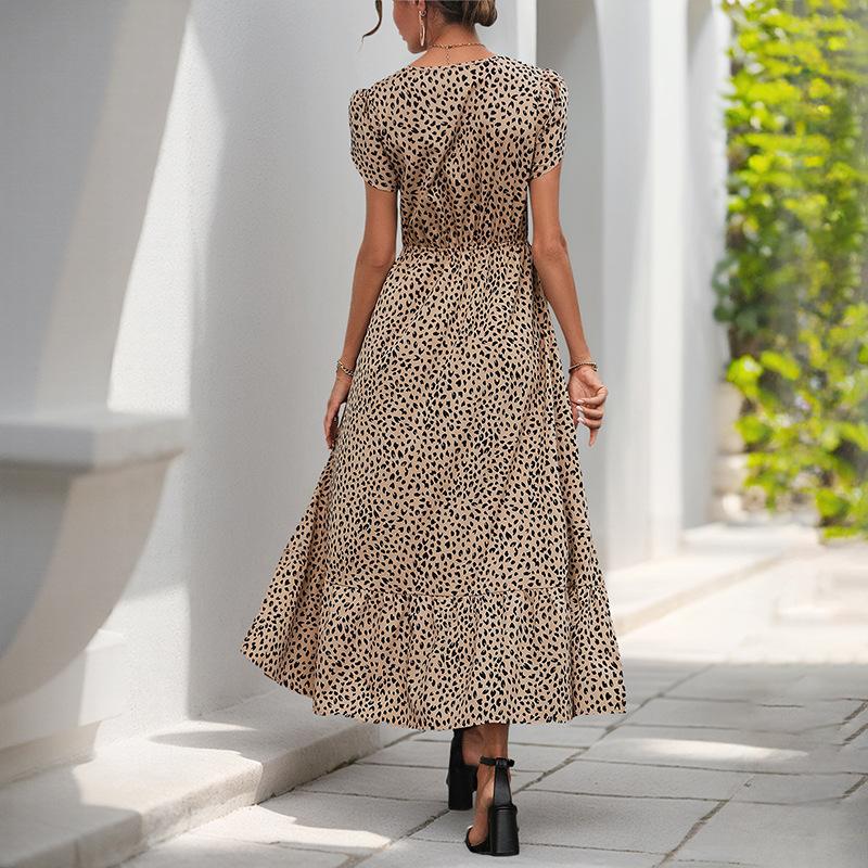 New versatile vacation retro style lace v-neck leopard print women's even