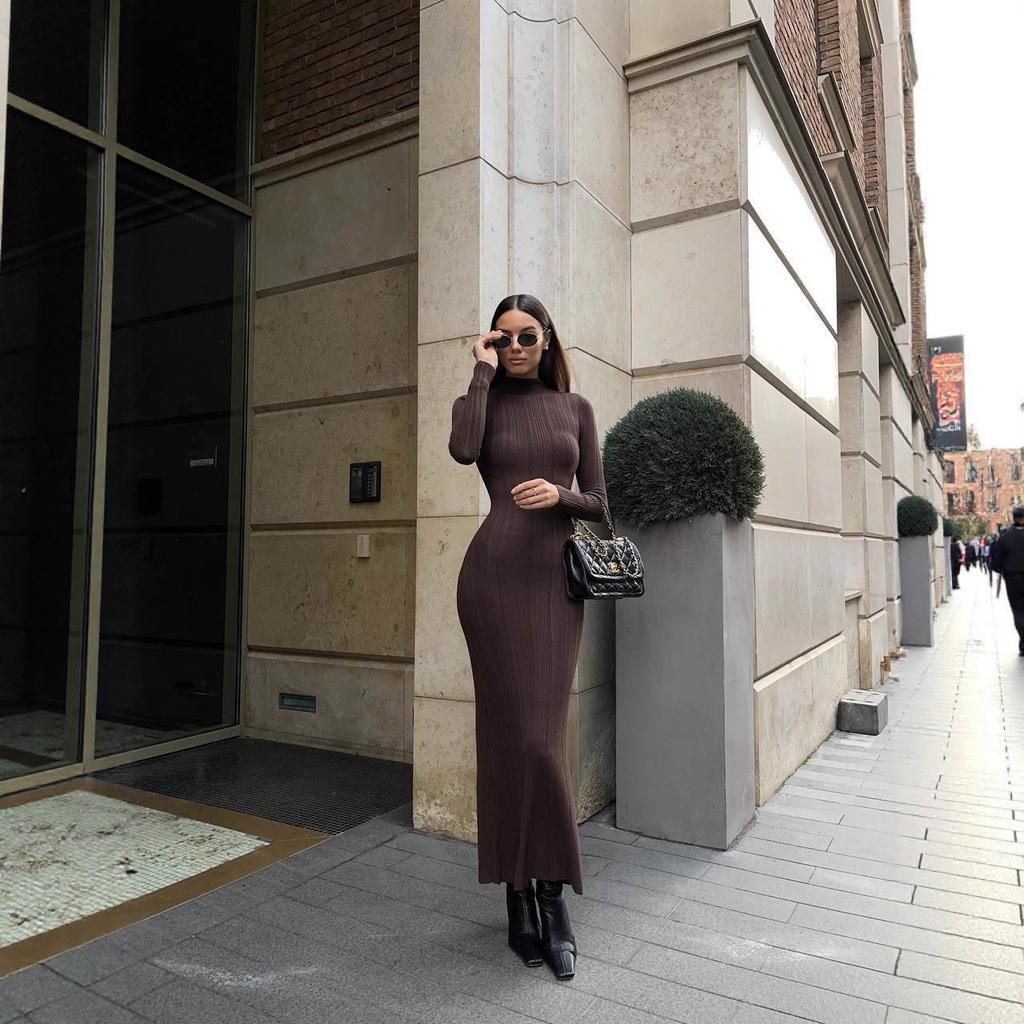 Damen Turtleneck Bodycon Kleid für Herbst und Winter, Französischer Stil Strick-Midikleid mit langen Ärmeln, Elegante schmal geschnittene Strickware für den Abend