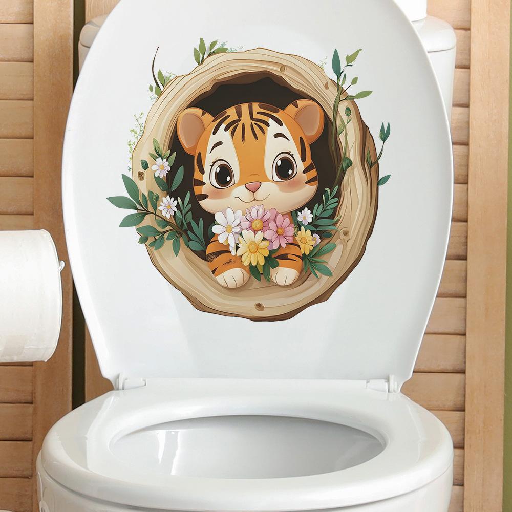 Cartoon Tiger in Tree Hollow Toilet Wall Sticker Self-Adhesive Removable Bathroom Cute Home Decor Art
