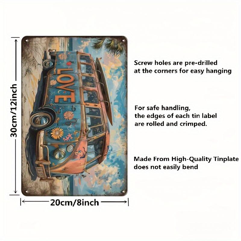 Vintage Camper Van Metal Wall Art Sign Boho Floral Beach Life Design LOVE Text on Rustic VW Bus