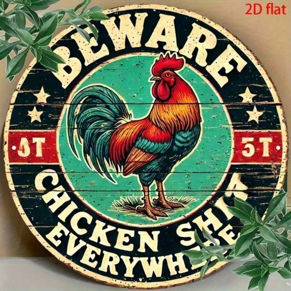 Vintage Beware of Chicken Round Metal Sign Farmhouse Wall Decor