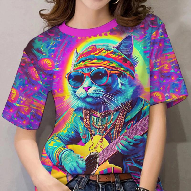For Women 3d Cat Pattern Shirt, Daily Classic Short Sleeved Round Neck Women's Clothing Fashion T-shirt