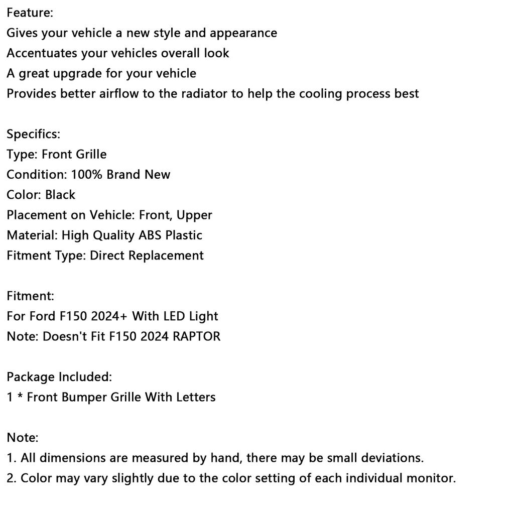 Black Front Bumper Grille Grill Fit Ford F150 2024+ With LED