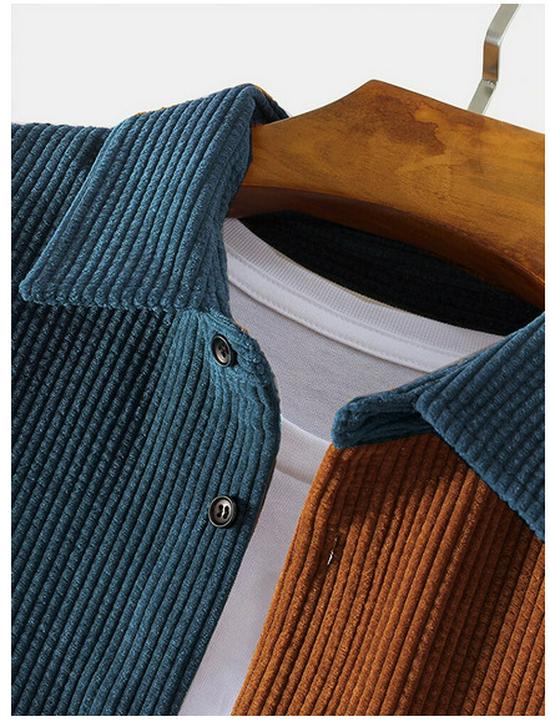 Autumn 2025 Men's Corduroy Colorblock Loose Long-Sleeve Shirt – Korean Japanese Style