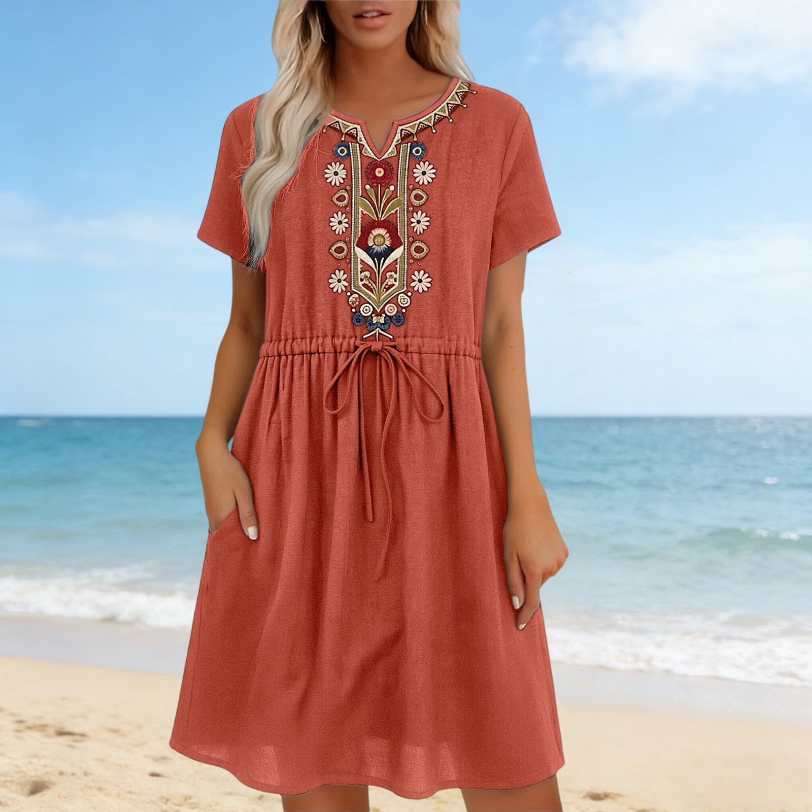

Women s Embroidered Dresses Cotton Linen Short Sleeve Floral Boho Pleated Flowy Dress XL помаранчевий