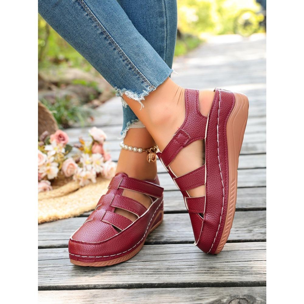 Women Platform Hollow Roman Sandals, Round Toe Wedge Heel Breathable Comfort Casual Shoes