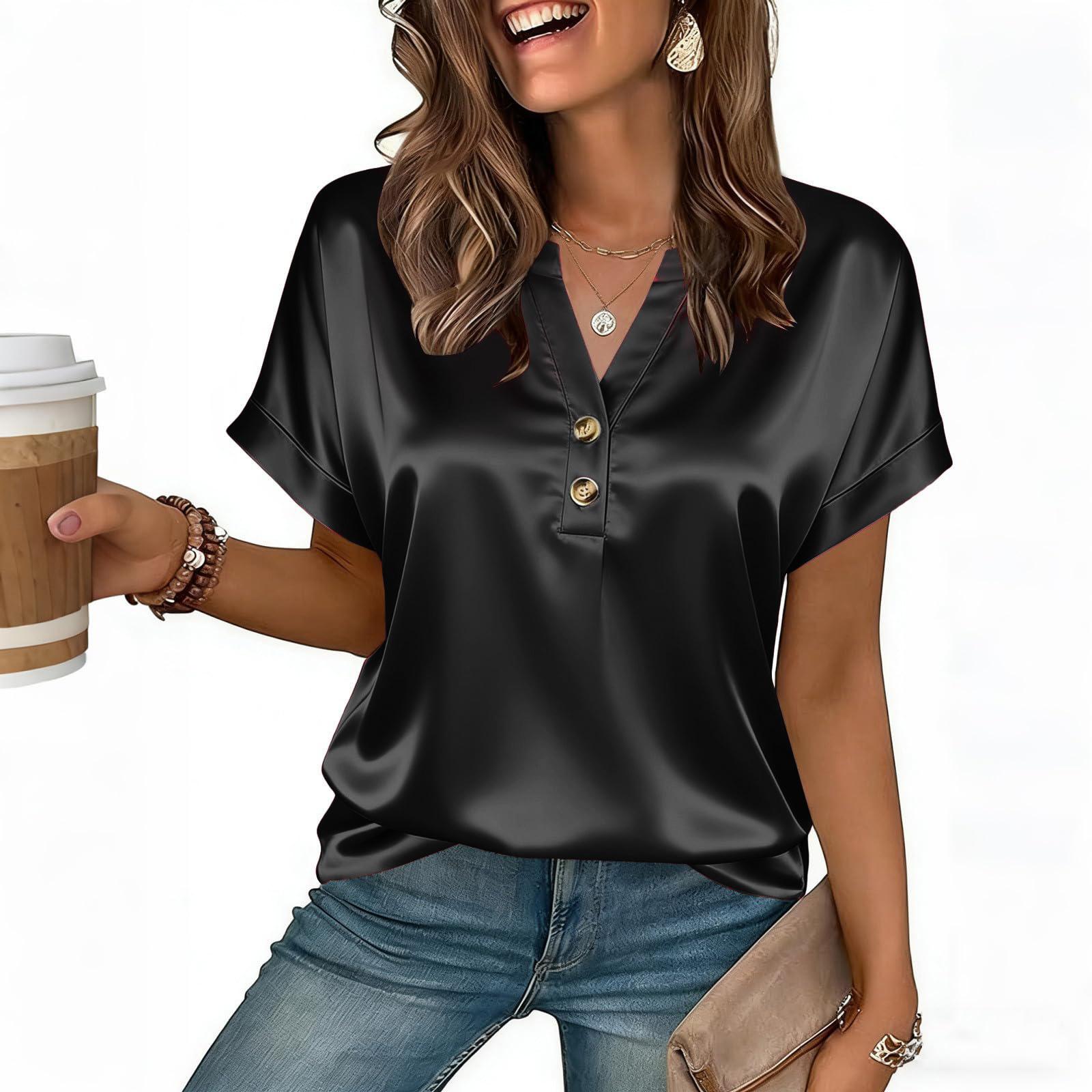 

Women s Elegant Satin Button-Up V-Neck Short-Sleeve T-Shirt Top S чорний