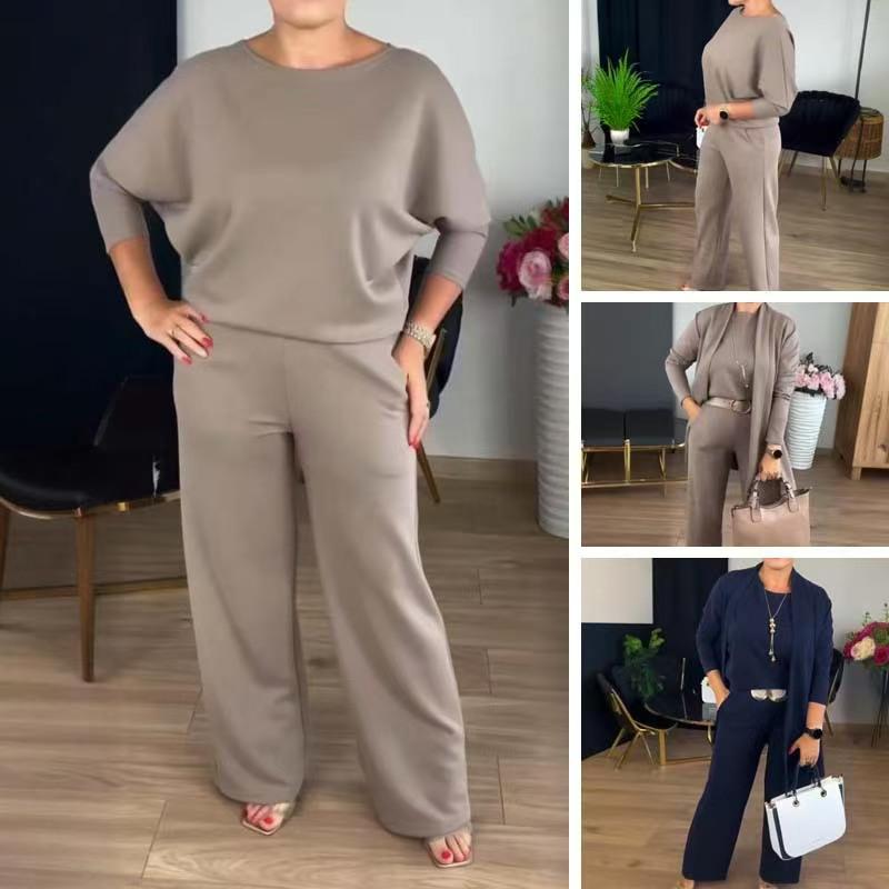 Women's 3-Piece Set: Pure Color Round Neck Top with Belt and Comfortable Long Sleeve Pants