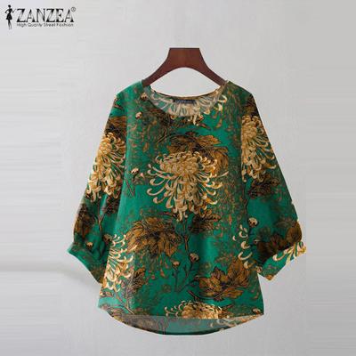 Women Casual Crew Neck 3/4 Sleeve Loose Print Blouse