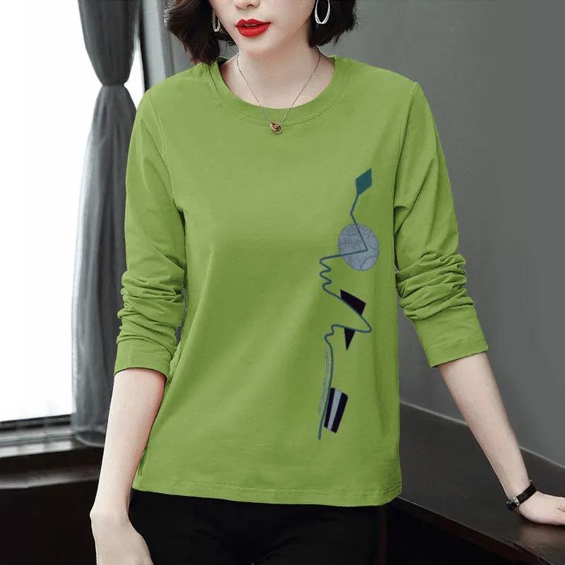 

WTEMPO Женские весенне-летние свободные хлопковые топы с круглым вырезом, рубашки, женские с длинным рукавом, больших размеров, с принтом, повседневные блузки XXL зелёный