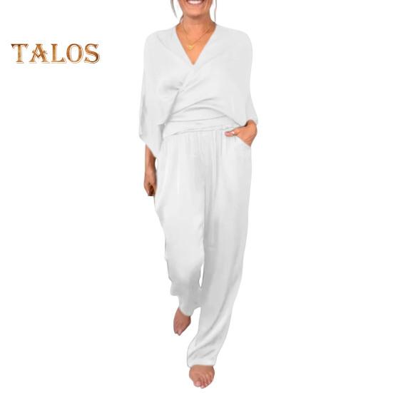 

Женский комплект из 2 предметов: топ, брюки, V-образный вырез, длинные рукава, блузка с перекрещивающимися бретелями, высокая талия, плиссированные широкие брюки, формальный наряд для поездок на работу на весну и лето M белый