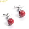 Red Painted Silver Edged Ball Shaped Copper Metal Cufflinks Men's French